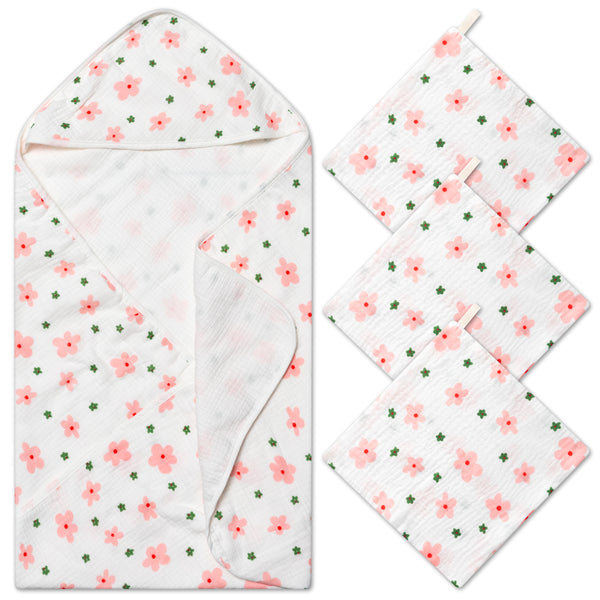 Zainpe 4Pcs Muslin Baby Hooded Towel & Washcloth Set Floral Pattern Soft Absorbent Cotton Bath Hood Towels for Newborn Toddlers Essentials Boys Girls Infant Shower Gift 31.5 x 31.5 in