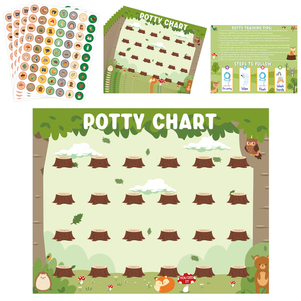 Zainpe 15Pcs Woodland Animals Potty Training Chart for Kids Forest Creatures Potty Chart with Bear Owl Stickers Woods Theme Toilet Training Reward Chart Develop Toileting Habit for Toddlers Boy Girl