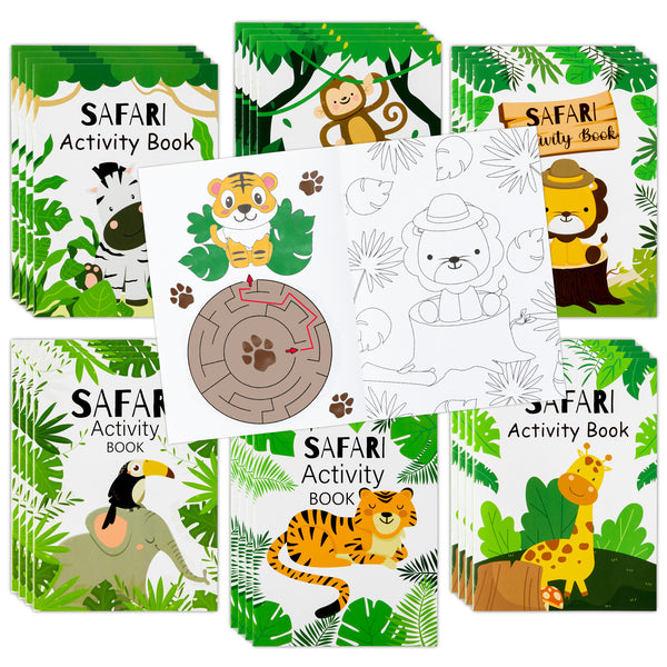 Zainpe 24Pcs Safari Animals Activity Coloring Game Books Jungle Lion Elephant Tiger Pattern DIY Art Drawing Book Maze Crossword Dot to Dot Color Game Booklets Kids Party Favors Goodie Bag Gift Filler