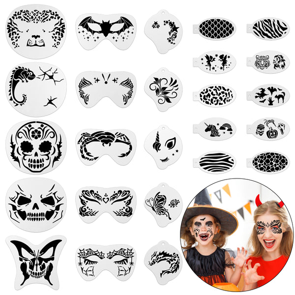 Zainpe 25Pcs Halloween Face Paint Stencils Kit Skull Bat Tattoo Painting Template Reusable Butterfly Unicorn DIY Body Art Painting Stencils for Kids Adult Holiday Carnival Party Facial Makeup Supplies