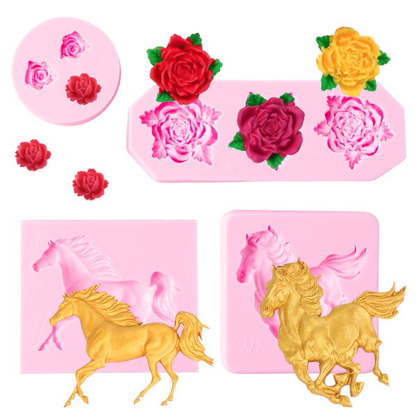 Zainpe 4Pcs Horse Rose Fondant Chocolate Silicone Cupcake Molds Set Cake Decoration DIY Desserts Candy Topper 3D Mini Flower Mould Baking Tools Soap Polymer Clay Crafting for Theme Party Supplies