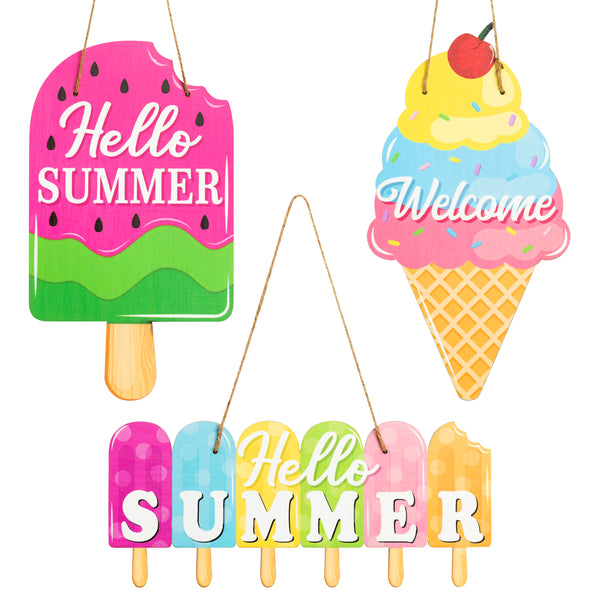 Zainpe 3Pcs Summer Ice Cream Wood Hanging Welcome Door Sign Decoration Hello Summer Watermelon Wall Sign Welcome Wooden Board Plaque for Farmhouse Front Door Decor Home Porch Beach Holiday Party