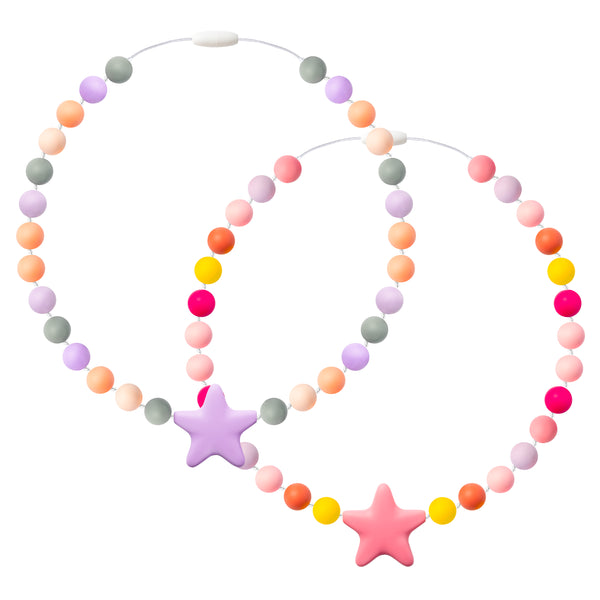 Zainpe 2Pcs Silicone Necklaces Set Round Beads Pink Star Pendant DIY Handmade Crafts Adjustable Purple Necklace Bracelets Accessories for Grils Women Kids Gift