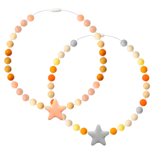 Zainpe 2Pcs Silicone Necklaces Set Round Beads Gray Star Pendant DIY Handmade Crafts Adjustable Peach Color Necklace Bracelets Accessories for Girls Women Kids Gift