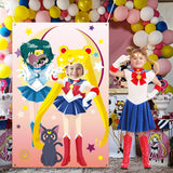 Zainpe Sailor Moon Face Photo Banner Classic Manga Door Porch Sign Fabric Satin Photography Poster Pretend Play Theme Birthday Party Decoration Supplies Outdoor Photo Backdrop Prop Favor for Kids