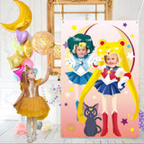 Zainpe Sailor Moon Face Photo Banner Classic Manga Door Porch Sign Fabric Satin Photography Poster Pretend Play Theme Birthday Party Decoration Supplies Outdoor Photo Backdrop Prop Favor for Kids
