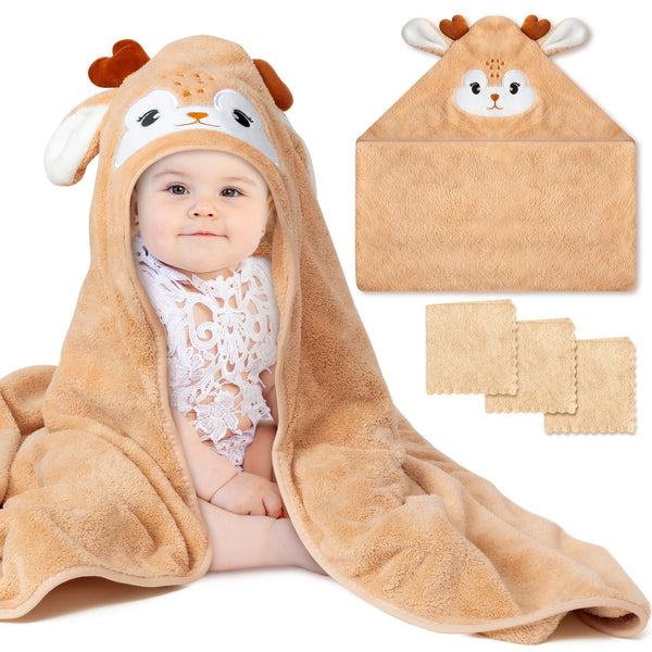 Zainpe 4Pcs Baby Animal Character Hooded Towel & Washcloth Set Brown Coral Fleece Soft Absorbent Cute Deer Bath Towel Blanket Hand Towels Infant Shower Gifts for Newborn Essential Toddler Boys Girls