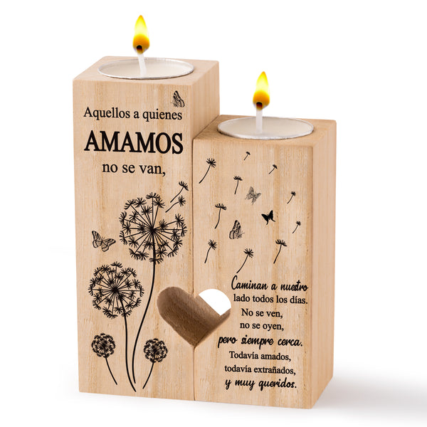 Zainpe Spanish Sympathy Candle Holders for Loss of Loved One, Wooden Heart Condolence Remembrance Keepsake Candlestick Table Decor for Mom Dad Grandma Friend, Spanish Memorial Bereavement Present