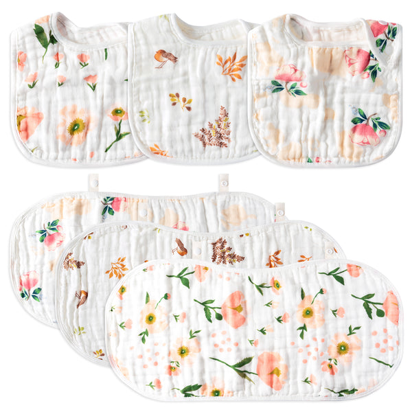 Zainpe 6Pcs Snap Cotton Muslin Baby Burp Cloths & Bibs Set Flowers Leaves Pink Soft Absorbent Drooling Bibs Adjustable Face Towels for Unisex Infant Newborn Toddler Boys Girls Feeding Teething Eating