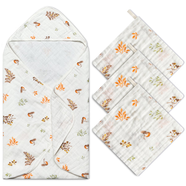 Zainpe 4Pcs Muslin Baby Hooded Towel & Washcloth Set Leaves Pattern Soft Absorbent Cotton Bath Hood Towels for Newborn Toddlers Essentials Boys Girls Infant Shower Gift 31.5 x 31.5 in