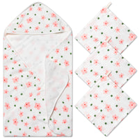 Zainpe 4Pcs Muslin Baby Hooded Towel & Washcloth Set Floral Pattern Soft Absorbent Cotton Bath Hood Towels for Newborn Toddlers Essentials Boys Girls Infant Shower Gift 31.5 x 31.5 in