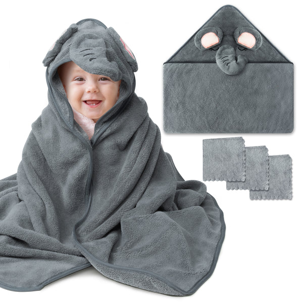 Zainpe 4Pcs Baby Animal Character Hooded Towel & Washcloth Set Grey Coral Fleece Soft Absorbent Cute Elephant Bath Towel Blanket Hand Towels Infant Shower Gifts for Newborn Toddler Essential