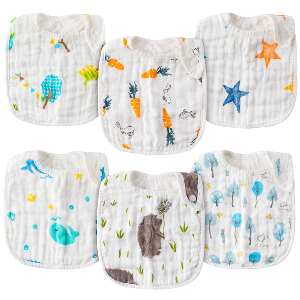 Zainpe 6Pcs Snap Muslin Cotton Baby Bibs Rabbit Blue Whale Spring Bibs with 6 Absorbent & Soft Layers Adjustable Burp Cloths for Infant Girls Boys Toddler Drooling Eating Teething Feeding 0-24 Months