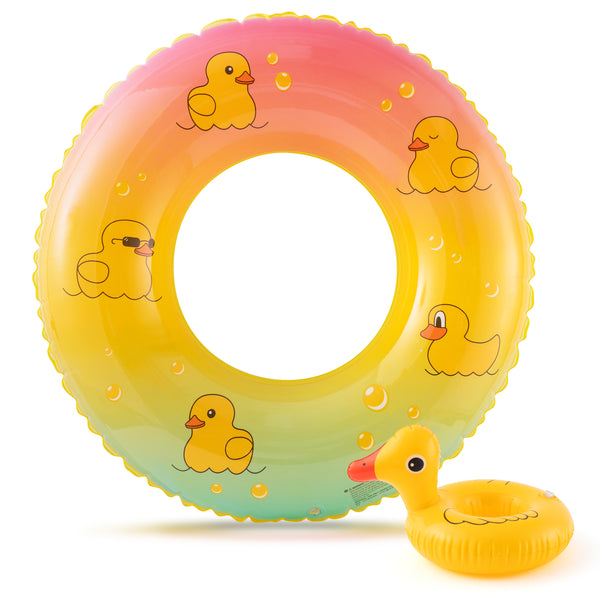 Zainpe Inflatable Duck Pool Float with Drink Holder, Yellow Inflation Swimming Ring Summer Outdoor Water Lounge Inflatable Raft Tube Fun Beach Floaties Vinyl Swim Floaty Pool Toys for Kids Adults