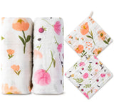 Zainpe 4Pcs Baby Muslin Swaddle Blankets & Washcloth Set Floral Soft Breathable Swaddling Wrap Nursery Receiving Blankets for Boys Girls Newborn Essential Infant Registry Gifts 47.2” X 47.2”