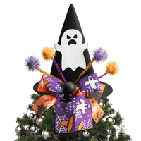 Zainpe Christmas Halloween Tree Topper Hat Ghost Pattern Black Felt Wizard Hat with Purple Orange Bow Adjustable Glitter Pom-poms Seasonal Holiday Decoration Party Supplies for Indoor Outdoor Home