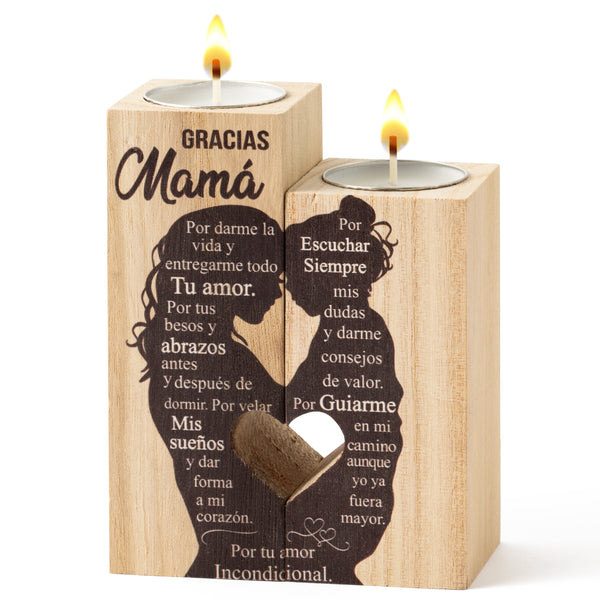 Zainpe Spanish Grateful Mama Candle Holders Mom Gift for Mother’s Day from Daughter Son, Wooden Heart Double Sided Printing Candlestick Personalized Present Birthday for Mommy from Kids