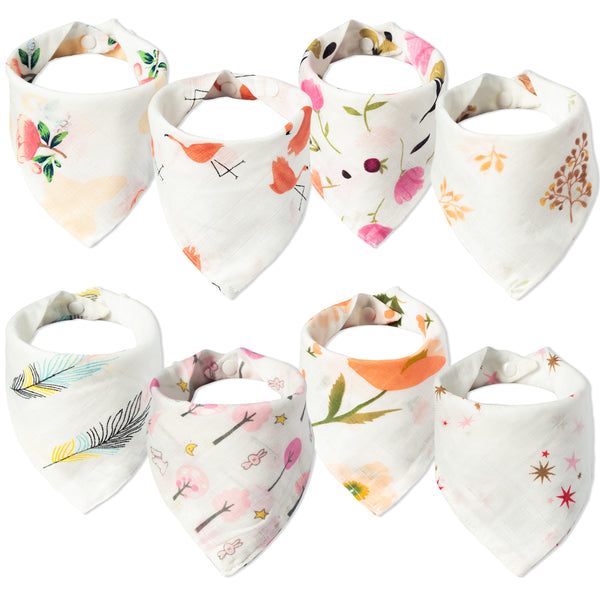 Zainpe 8Pcs Muslin Baby Bibs Pink Flowers Flamingos Bandana Bib Soft Absorbent Infant Burp Cloths Adjustable Snap Saliva Towels for Boys Grils Toddler Newborns Drooling Feeding Teething 0-24 Months