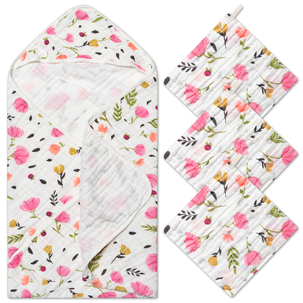 Zainpe 4Pcs Muslin Baby Hooded Towel & Washcloth Set Pink Flowers Pattern Soft Absorbent Cotton Bath Hood Towels for Newborn Toddlers Essentials Boys Girls Infant Shower Gift 31.5 x 31.5 in