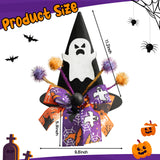 Zainpe Christmas Halloween Tree Topper Hat Ghost Pattern Black Felt Wizard Hat with Purple Orange Bow Adjustable Glitter Pom-poms Seasonal Holiday Decoration Party Supplies for Indoor Outdoor Home