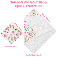 Zainpe 4Pcs Muslin Baby Hooded Towel & Washcloth Set Pink Flowers Pattern Soft Absorbent Cotton Bath Hood Towels for Newborn Toddlers Essentials Boys Girls Infant Shower Gift 31.5 x 31.5 in
