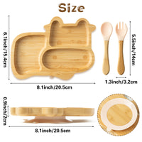 Zainpe 3Pcs Bamboo Divided Suction Cattle Shaped Plates with Silicone Fork & Spoon , Baby Non-Slip Unbreakable Food Platter, Infant Toddler Kids Led Weaning Supplies Self Feeding Utensils Set