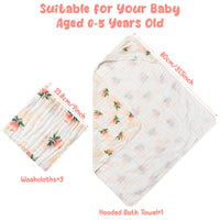 Zainpe 4Pcs Muslin Baby Hooded Towel & Washcloth Set Flowers Bud Pattern Soft Absorbent Cotton Bath Hood Towels for Newborn Toddlers Essentials Boys Girls Infant Shower Gift 31.5 x 31.5 in