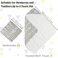 Zainpe 4Pcs Muslin Baby Hooded Towel & Washcloth Set Grey Soft Absorbent Bath Towels Cotton Hand Towels Infant Shower Gifts for Newborn Toddler Boys Girls Feeding Teething Sleeping 31.5 X 31.5 In