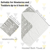 Zainpe 4Pcs Muslin Baby Hooded Towel & Washcloth Set Grey Soft Absorbent Bath Towels Cotton Hand Towels Infant Shower Gifts for Newborn Toddler Boys Girls Feeding Teething Sleeping 31.5 X 31.5 In