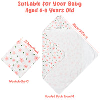 Zainpe 4Pcs Muslin Baby Hooded Towel & Washcloth Set Floral Pattern Soft Absorbent Cotton Bath Hood Towels for Newborn Toddlers Essentials Boys Girls Infant Shower Gift 31.5 x 31.5 in