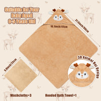 Zainpe 4Pcs Baby Animal Character Hooded Towel & Washcloth Set Brown Coral Fleece Soft Absorbent Cute Deer Bath Towel Blanket Hand Towels Infant Shower Gifts for Newborn Essential Toddler Boys Girls