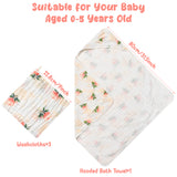 Zainpe 4Pcs Muslin Baby Hooded Towel & Washcloth Set Flowers Bud Pattern Soft Absorbent Cotton Bath Hood Towels for Newborn Toddlers Essentials Boys Girls Infant Shower Gift 31.5 x 31.5 in