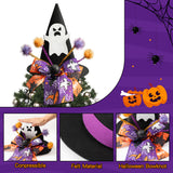 Zainpe Christmas Halloween Tree Topper Hat Ghost Pattern Black Felt Wizard Hat with Purple Orange Bow Adjustable Glitter Pom-poms Seasonal Holiday Decoration Party Supplies for Indoor Outdoor Home