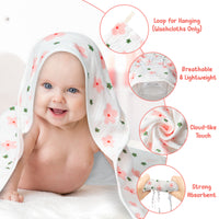 Zainpe 4Pcs Muslin Baby Hooded Towel & Washcloth Set Floral Pattern Soft Absorbent Cotton Bath Hood Towels for Newborn Toddlers Essentials Boys Girls Infant Shower Gift 31.5 x 31.5 in
