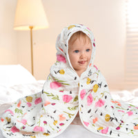 Zainpe 4Pcs Muslin Baby Hooded Towel & Washcloth Set Pink Flowers Pattern Soft Absorbent Cotton Bath Hood Towels for Newborn Toddlers Essentials Boys Girls Infant Shower Gift 31.5 x 31.5 in
