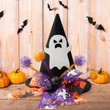 Zainpe Christmas Halloween Tree Topper Hat Ghost Pattern Black Felt Wizard Hat with Purple Orange Bow Adjustable Glitter Pom-poms Seasonal Holiday Decoration Party Supplies for Indoor Outdoor Home