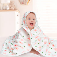Zainpe 4Pcs Muslin Baby Hooded Towel & Washcloth Set Floral Pattern Soft Absorbent Cotton Bath Hood Towels for Newborn Toddlers Essentials Boys Girls Infant Shower Gift 31.5 x 31.5 in