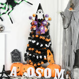 Zainpe Christmas Halloween Tree Topper Hat Ghost Pattern Black Felt Wizard Hat with Purple Orange Bow Adjustable Glitter Pom-poms Seasonal Holiday Decoration Party Supplies for Indoor Outdoor Home