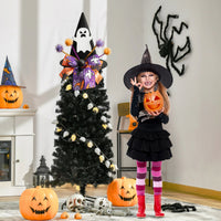 Zainpe Christmas Halloween Tree Topper Hat Ghost Pattern Black Felt Wizard Hat with Purple Orange Bow Adjustable Glitter Pom-poms Seasonal Holiday Decoration Party Supplies for Indoor Outdoor Home