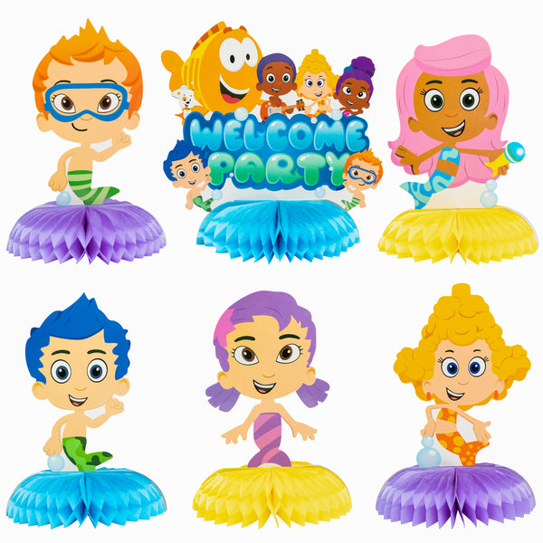 Zainpe 6Pcs Guppies Fish Honeycomb Centerpieces Set Cartoon Double Sided Table Toppers for Birthday Party Favor Baby Shower Decorations Bubble Guppy Themed Party Supplies for Kids & Adults
