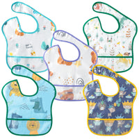 Zainpe 5Pcs Snap Baby Bibs Fox Bear Waterproof Stain Resistant Feeding Bib with Food Catcher Pocket Washable Adjustable Starter Bib Unisex Animals Burp Cloths for Infants Newborns Toddlers 6-24 Months