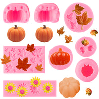 Zainpe 8Pcs Fall Thanksgiving Pumpkin Silicone Fondant Chocolate Mold Set Maple Leaf Sunflower Mould 3D Mini Cupcake Decoration Candy Desserts Kitchen DIY Baking Supplies for Autumn Theme Party