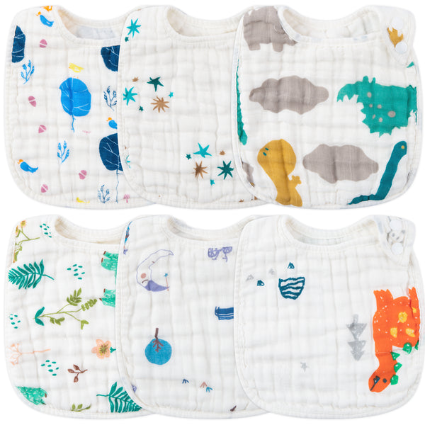 Zainpe 6Pcs Snap Muslin Cotton Bibs for Baby Dinosaur Star Bear Bib Machine Washable Adjustable with 6 Absorbent & Soft Layers Burp Cloths for 3 to 36 Months Boys Girls Infants Newborns Toddlers