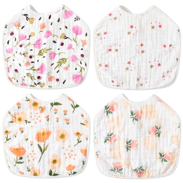 Zainpe 4Pcs Muslin Cotton Feeding Bibs for Baby Girls Star Flower Extra Large Adjustable Bib with 4 Absorbent Soft Layers Machine Washable Burp Cloths for Kids Infant Toddler Newborn Drooling Teething