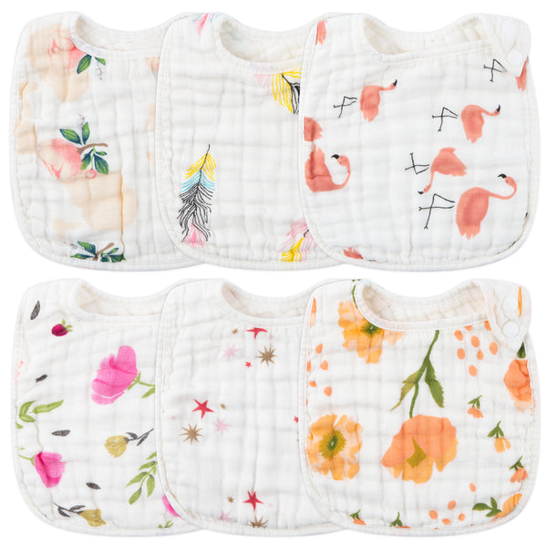 Zainpe 6Pcs Snap Muslin Cotton Bibs for Baby Flamingo Star Flower Bib Machine Washable Adjustable Burp Cloths with 6 Absorbent Soft Layers for Infant Newborn Toddler Drooling Feeding and Teething