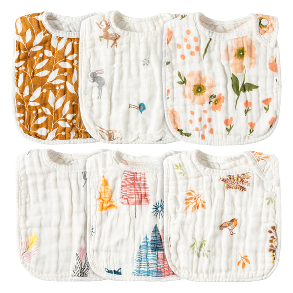 Zainpe 6Pcs Muslin Cotton Bibs for Baby Flower Bunny Deer Bib Adjustable Machine Washable Neutral Burp Cloths with 6 Absorbent Soft Layers for Unisex Infant Newborn Toddler Drooling Feeding Teething