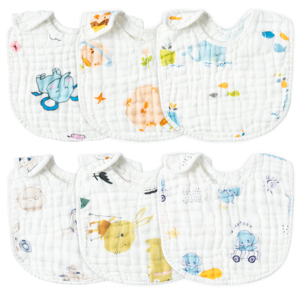 Zainpe 6Pcs Snap Muslin Cotton Baby Bibs Elephant Whale Rabbit Pattern Feeding Bib Adjustable Machine Washable Unisex Burp Cloths with 6 Absorbent & Soft Layers for Boys Girls Drooling Teething Eating