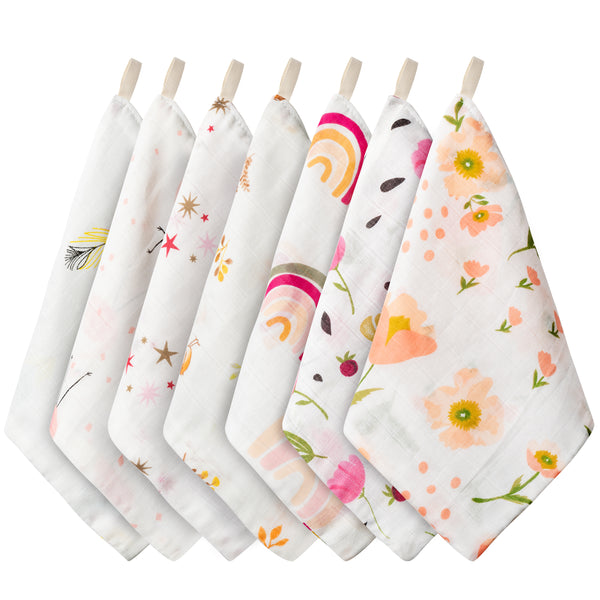 Zainpe 7Pcs Baby Muslin Washcloths Cotton Baby Bath Face Towels Flowers Flamingo Star Pattern Newborns Wash Cloth with Hanging Loop Reusable Unisex Baby Wipes for Girls Infants Kids 9.8 x 9.8 Inches