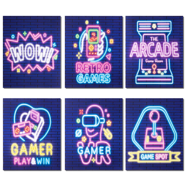 Zainpe 6Pcs Video Gaming Posters Wall Art Set 8 x 10 Inch Retro Games Wow Gamer Game Spot Neon Themed Canvas Wall Art Painting Quote Pictures Artwork for Playroom Kids Teens Room Decoration Unframed