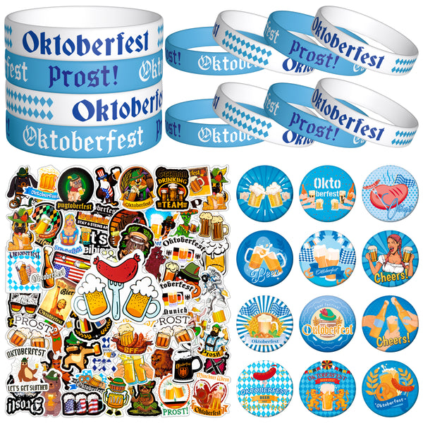 Zainpe 74Pcs Oktoberfest Silicone Bracelets Button Pins Stickers Set Badges Rubber Wristband Round Brooch Bavarian Beer Mug Sausage Prost Oktoberfest Theme Accessories Party Favor Decorations Supplies